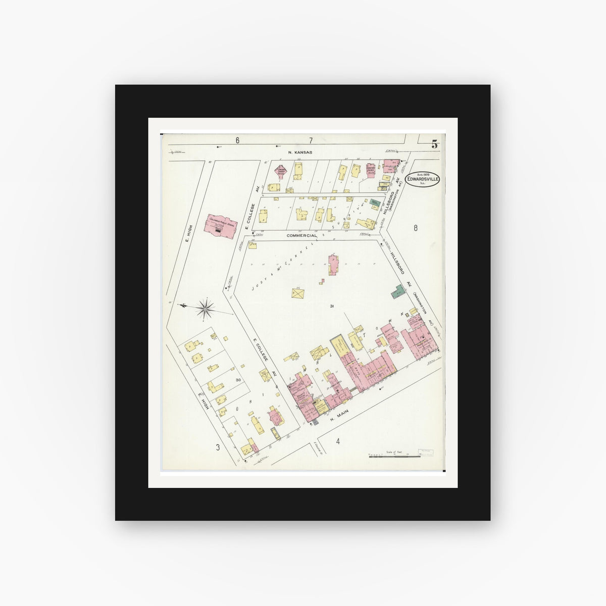 Old map wall art mockup — black gallery frame with white mat — Sanborn Fire Insurance Map from Edwardsville, Madison County, Illinois (1909), Sheet #0005