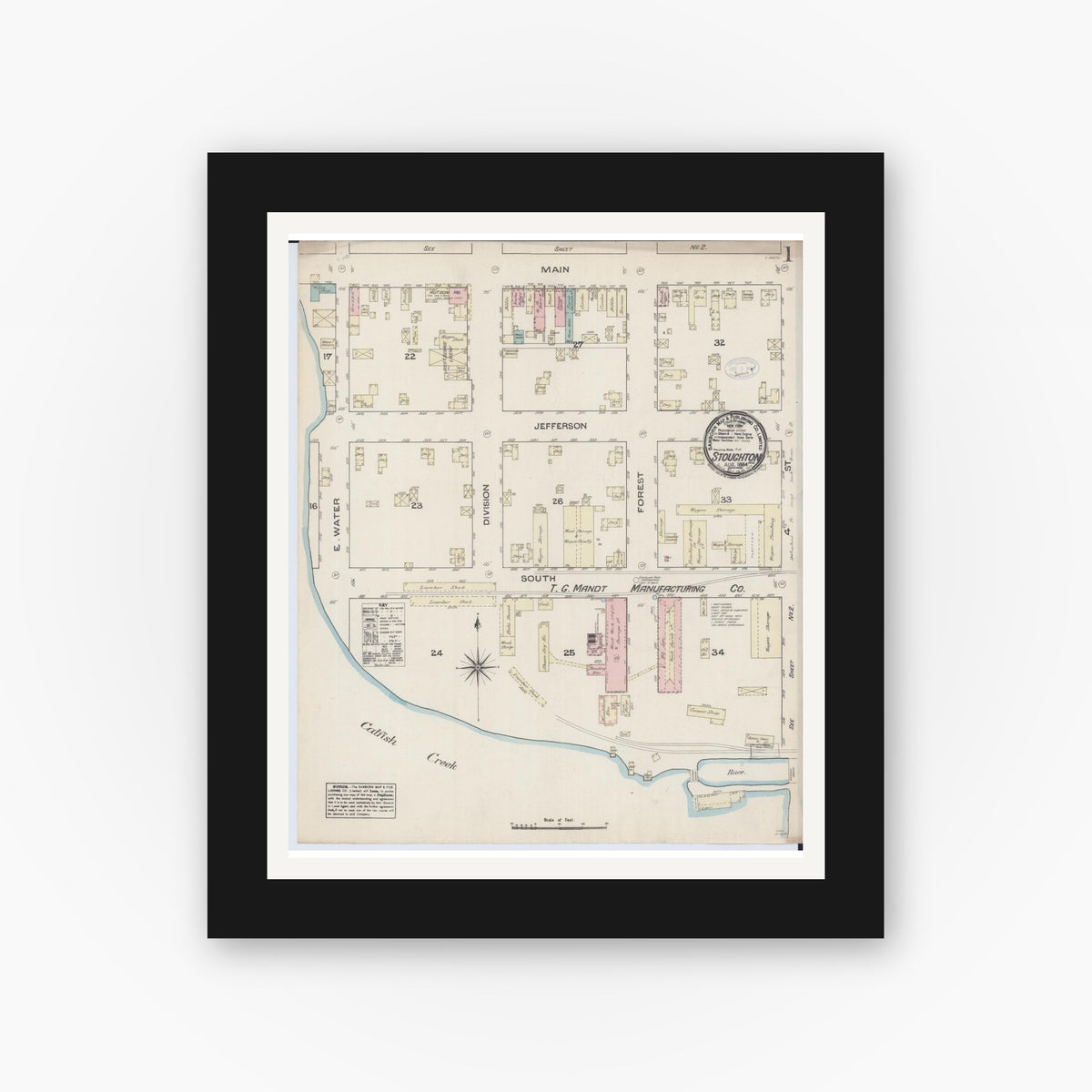 Old map wall art mockup — black gallery frame with white mat — Sanborn Fire Insurance Map from Stoughton, Dane County, Wisconsin (1884) - Complete Map Set