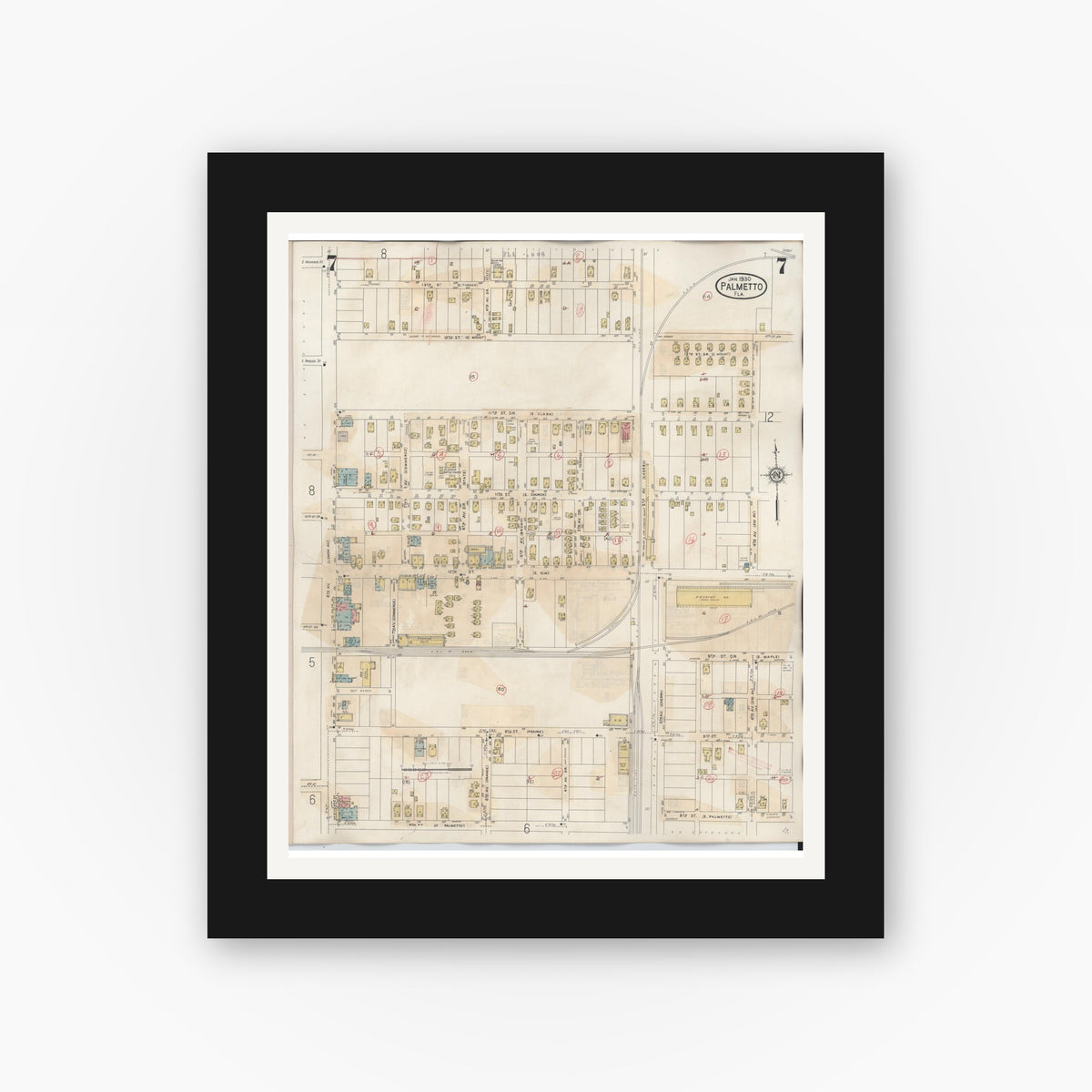 Old map wall art mockup — black gallery frame with white mat — Sanborn Fire Insurance Map from Palmetto, Manatee County, Florida (1944), Sheet #0007
