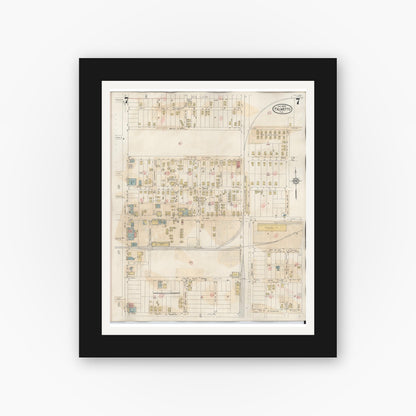 Old map wall art mockup — black gallery frame with white mat — Sanborn Fire Insurance Map from Palmetto, Manatee County, Florida (1944), Sheet #0007
