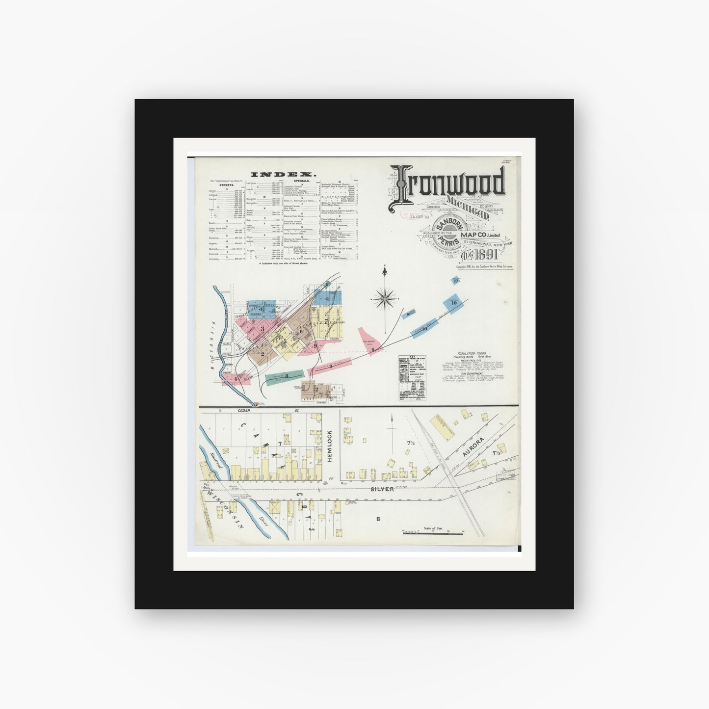 Old map wall art mockup — black gallery frame with white mat — Sanborn Fire Insurance Map from Ironwood, Gogebic County, Michigan (1891) - Complete Map Set