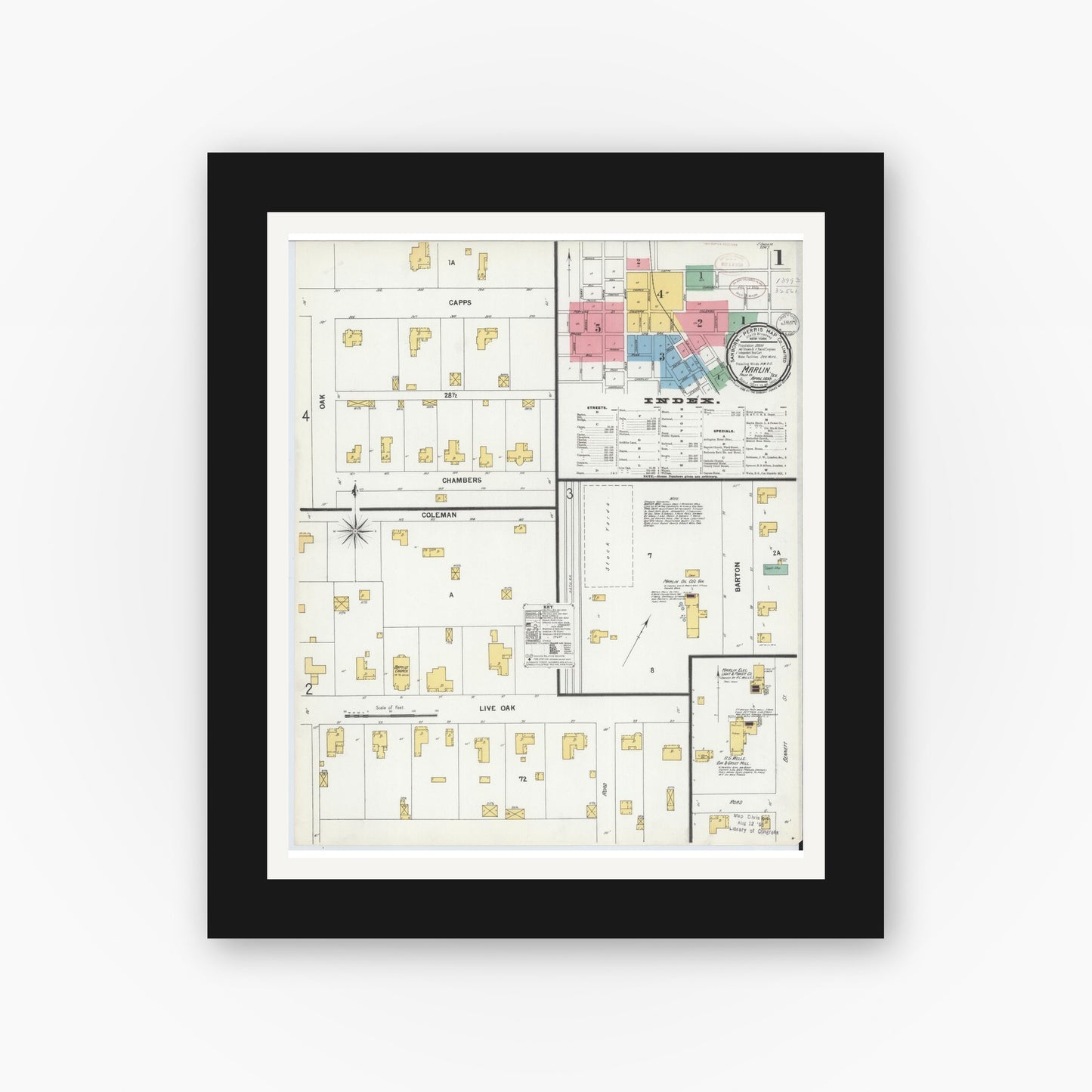 Old map wall art mockup — black gallery frame with white mat — Sanborn Fire Insurance Map from Marlin, Falls County, Texas (1899) - Complete Map Set