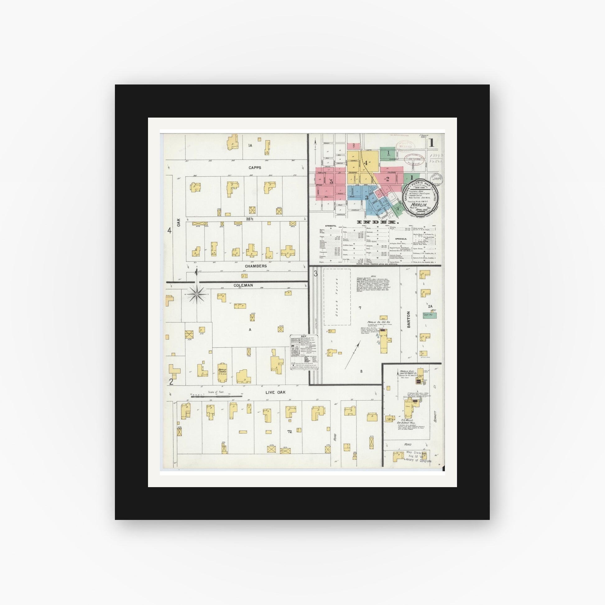 Old map wall art mockup — black gallery frame with white mat — Sanborn Fire Insurance Map from Marlin, Falls County, Texas (1899) - Complete Map Set