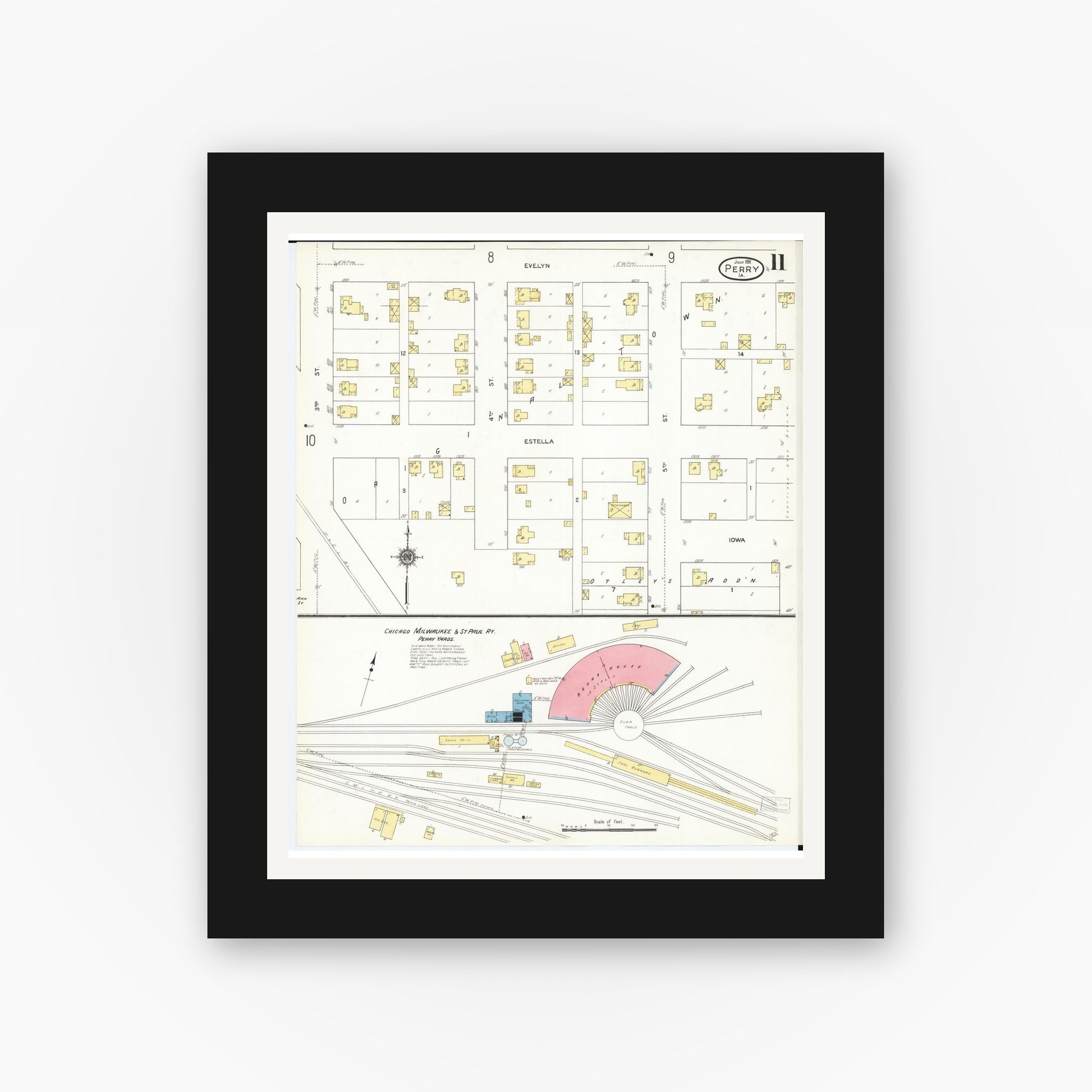 Old map wall art mockup — black gallery frame with white mat — Sanborn Fire Insurance Map from Perry, Dallas County, Iowa (1911), Sheet #0011