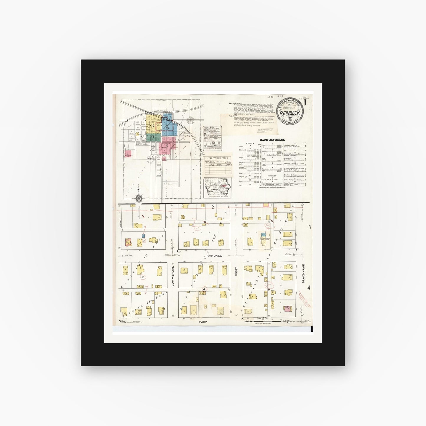 Old map wall art mockup — black gallery frame with white mat — Sanborn Fire Insurance Map from Reinbeck, Grundy County, Iowa (1935), Sheet #0001