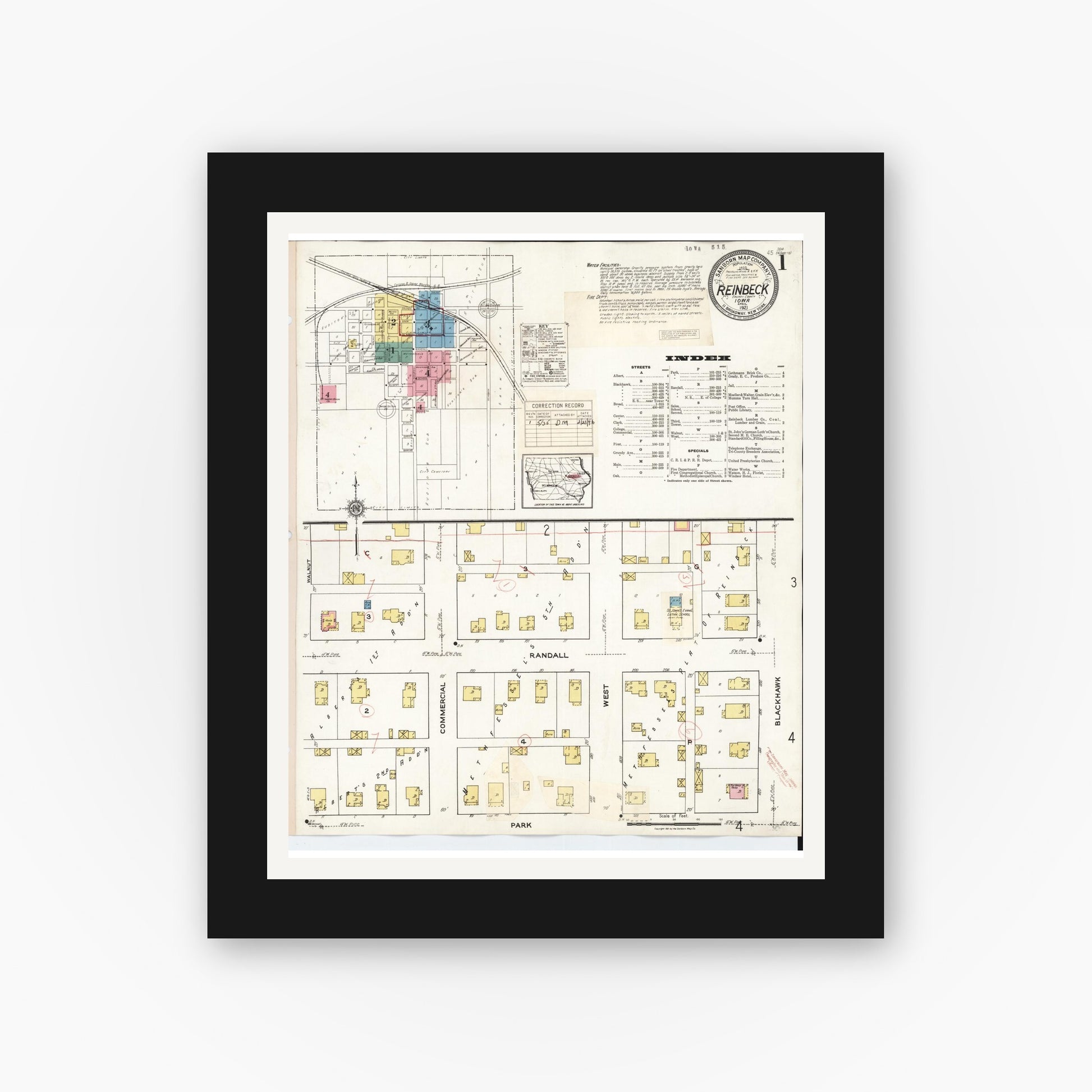 Old map wall art mockup — black gallery frame with white mat — Sanborn Fire Insurance Map from Reinbeck, Grundy County, Iowa (1935), Sheet #0001