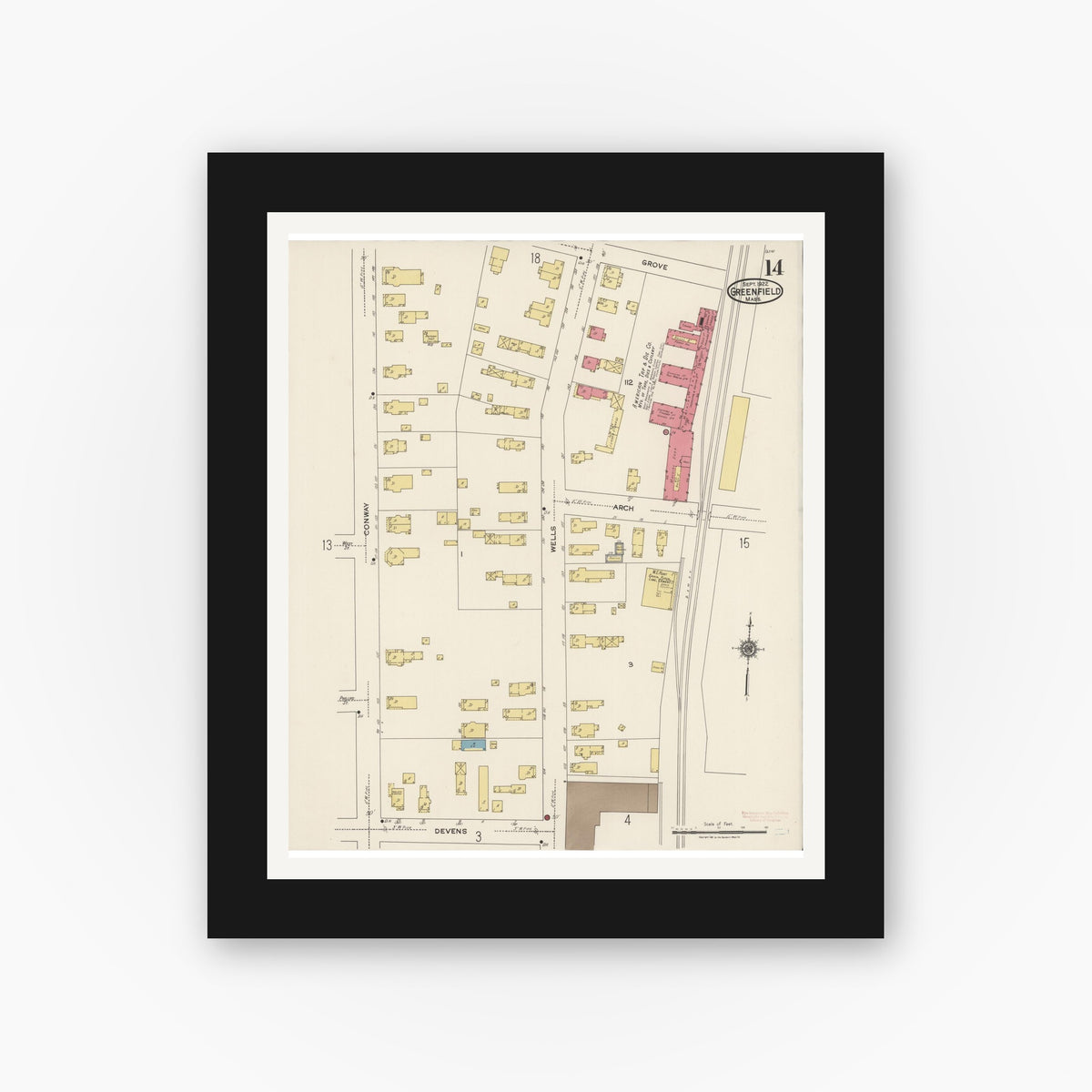 Old map wall art mockup — black gallery frame with white mat — Sanborn Fire Insurance Map from Greenfield, Franklin County, Massachusetts (1922), Sheet #0014