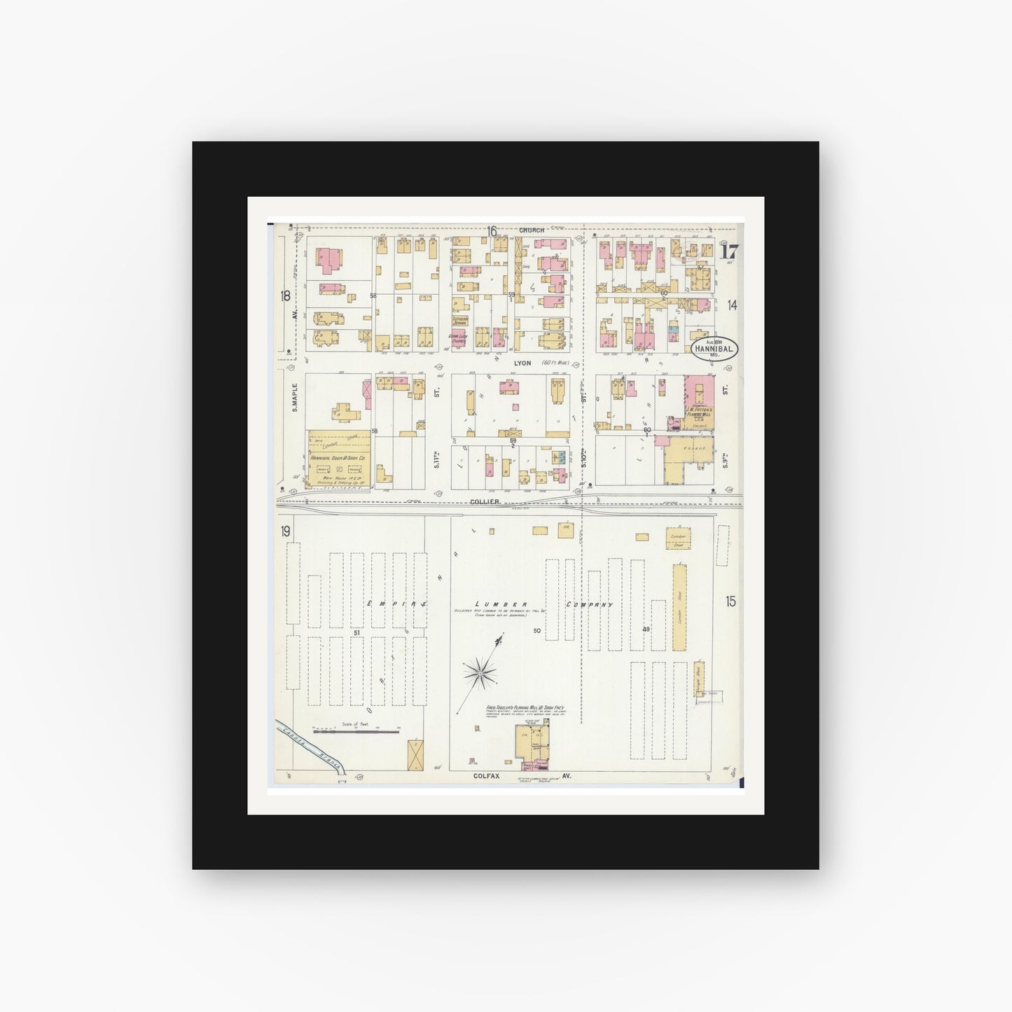 Old map wall art mockup — black gallery frame with white mat — Sanborn Fire Insurance Map from Hannibal, Marion County, Missouri (1899), Sheet #0017