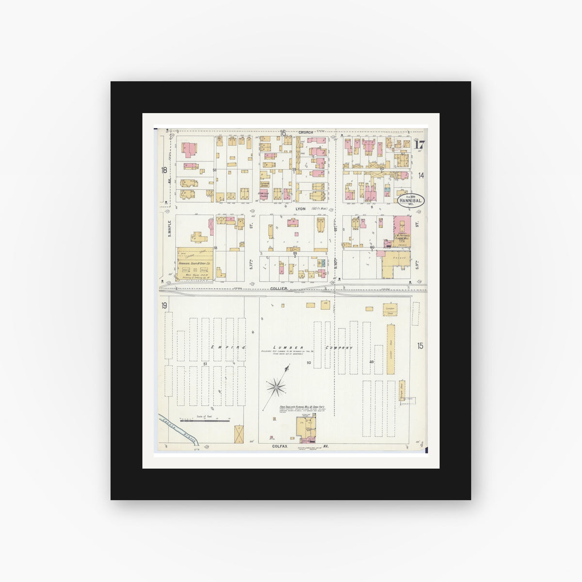 Old map wall art mockup — black gallery frame with white mat — Sanborn Fire Insurance Map from Hannibal, Marion County, Missouri (1899), Sheet #0017