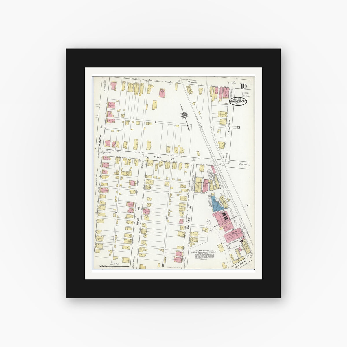 Old map wall art mockup — black gallery frame with white mat — Sanborn Fire Insurance Map from Waynesboro, Franklin County, Pennsylvania (1916), Sheet #0010
