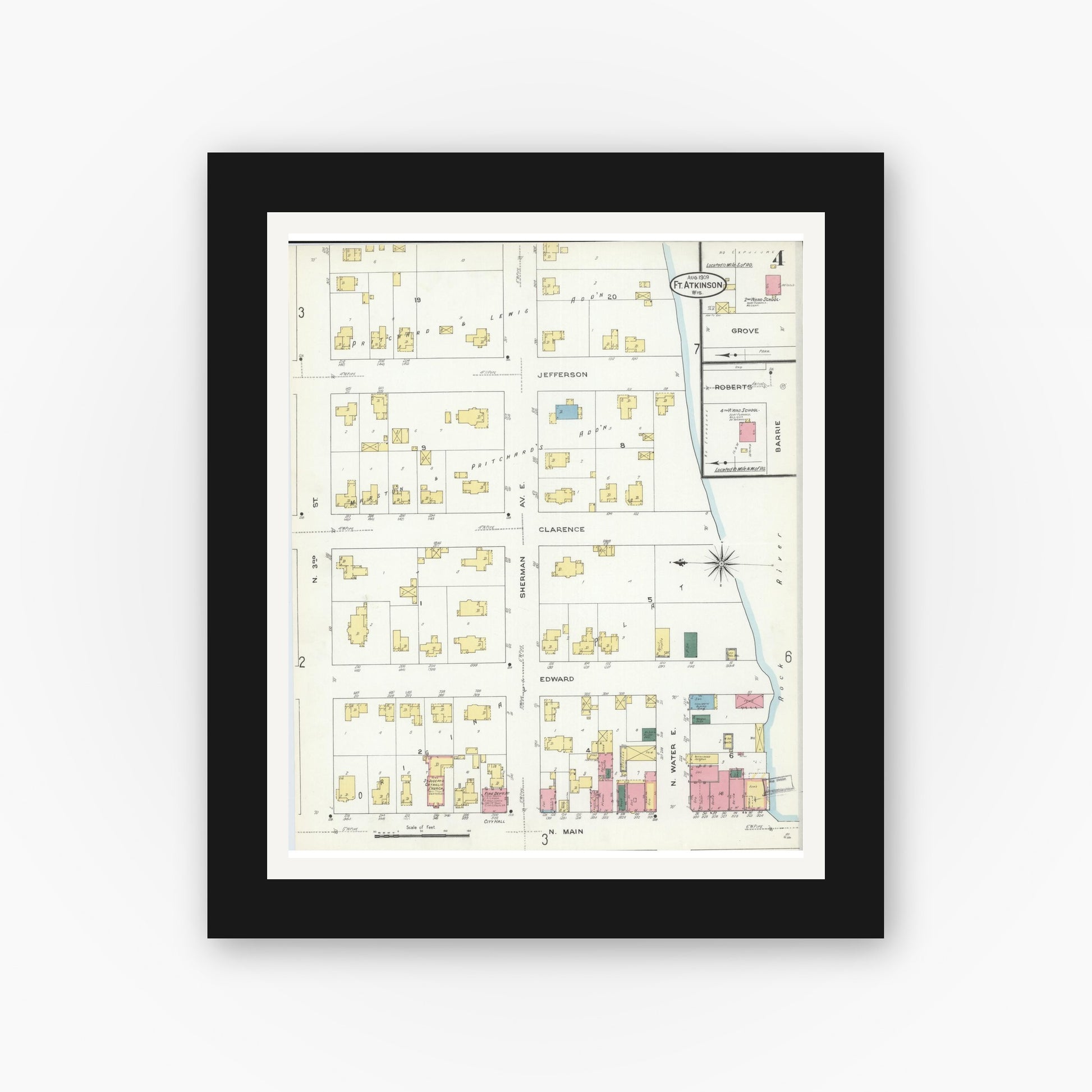 Old map wall art mockup — black gallery frame with white mat — Sanborn Fire Insurance Map from Fort Atkinson, Jefferson County, Wisconsin (1909), Sheet #0004