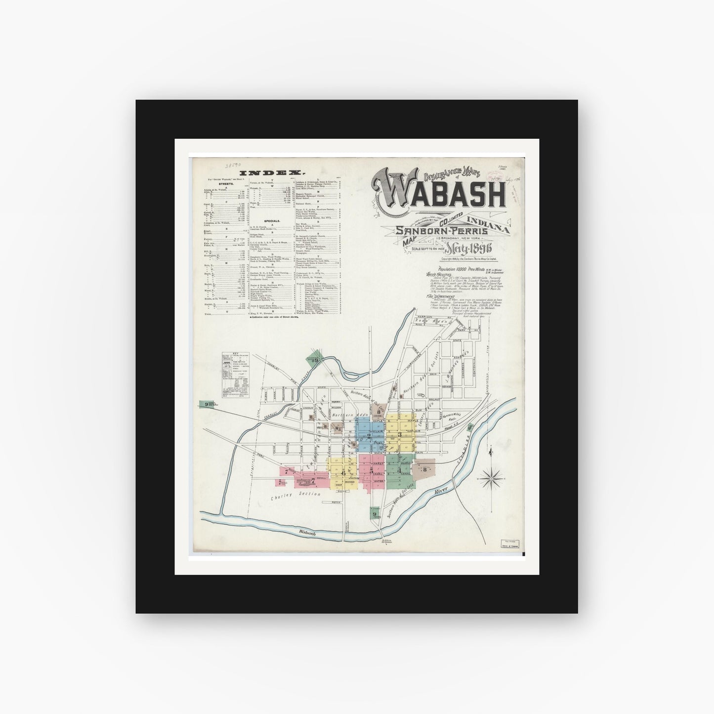 Old map wall art mockup — black gallery frame with white mat — Sanborn Fire Insurance Map from Wabash, Wabash County, Indiana (1896), Sheet #0001