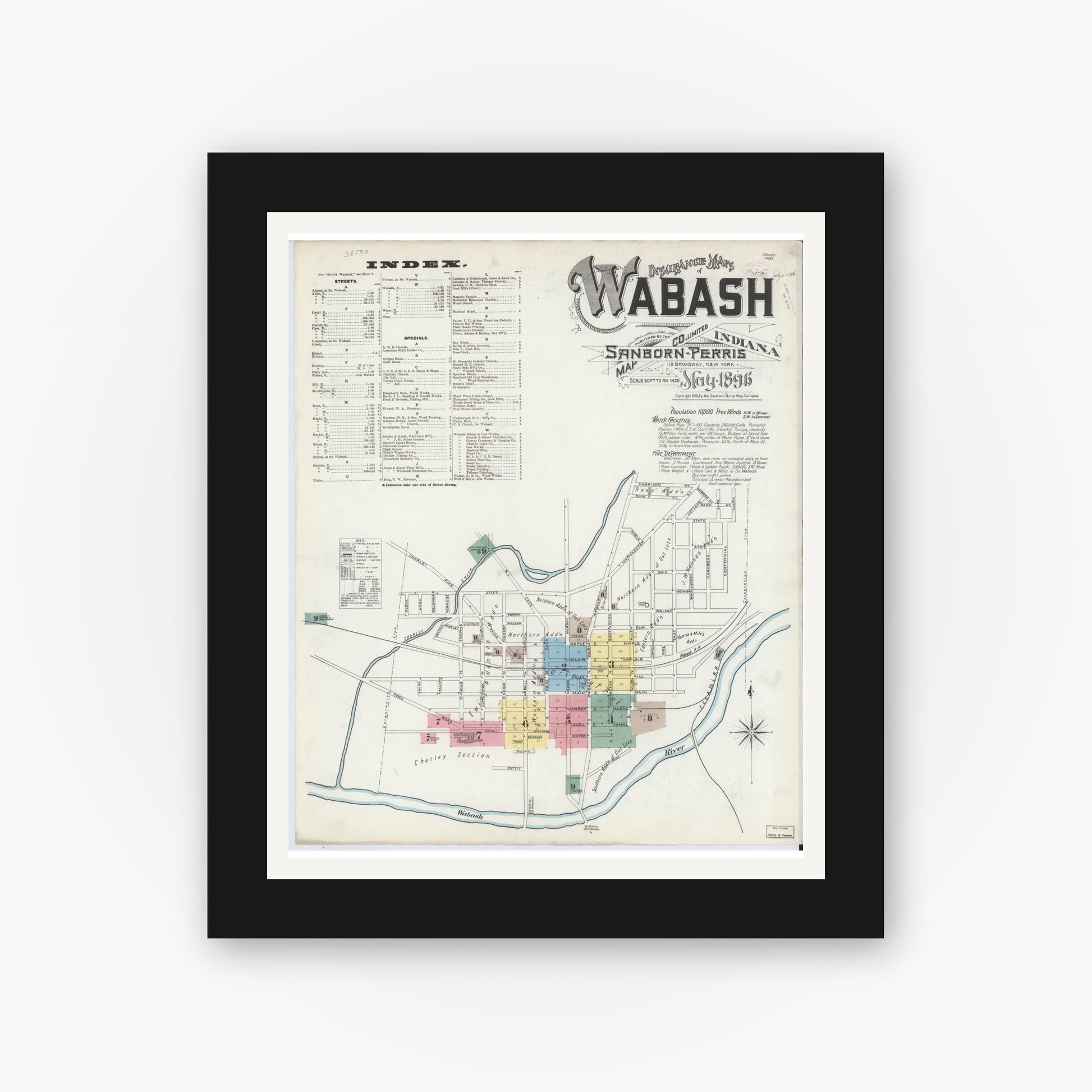 Old map wall art mockup — black gallery frame with white mat — Sanborn Fire Insurance Map from Wabash, Wabash County, Indiana (1896), Sheet #0001