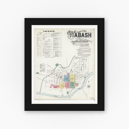 Old map wall art mockup — black gallery frame with white mat — Sanborn Fire Insurance Map from Wabash, Wabash County, Indiana (1896), Sheet #0001