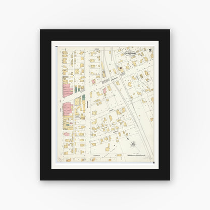Old map wall art mockup — black gallery frame with white mat — Sanborn Fire Insurance Map from Columbus Grove, Putnam County, Ohio (1901), Sheet #0003