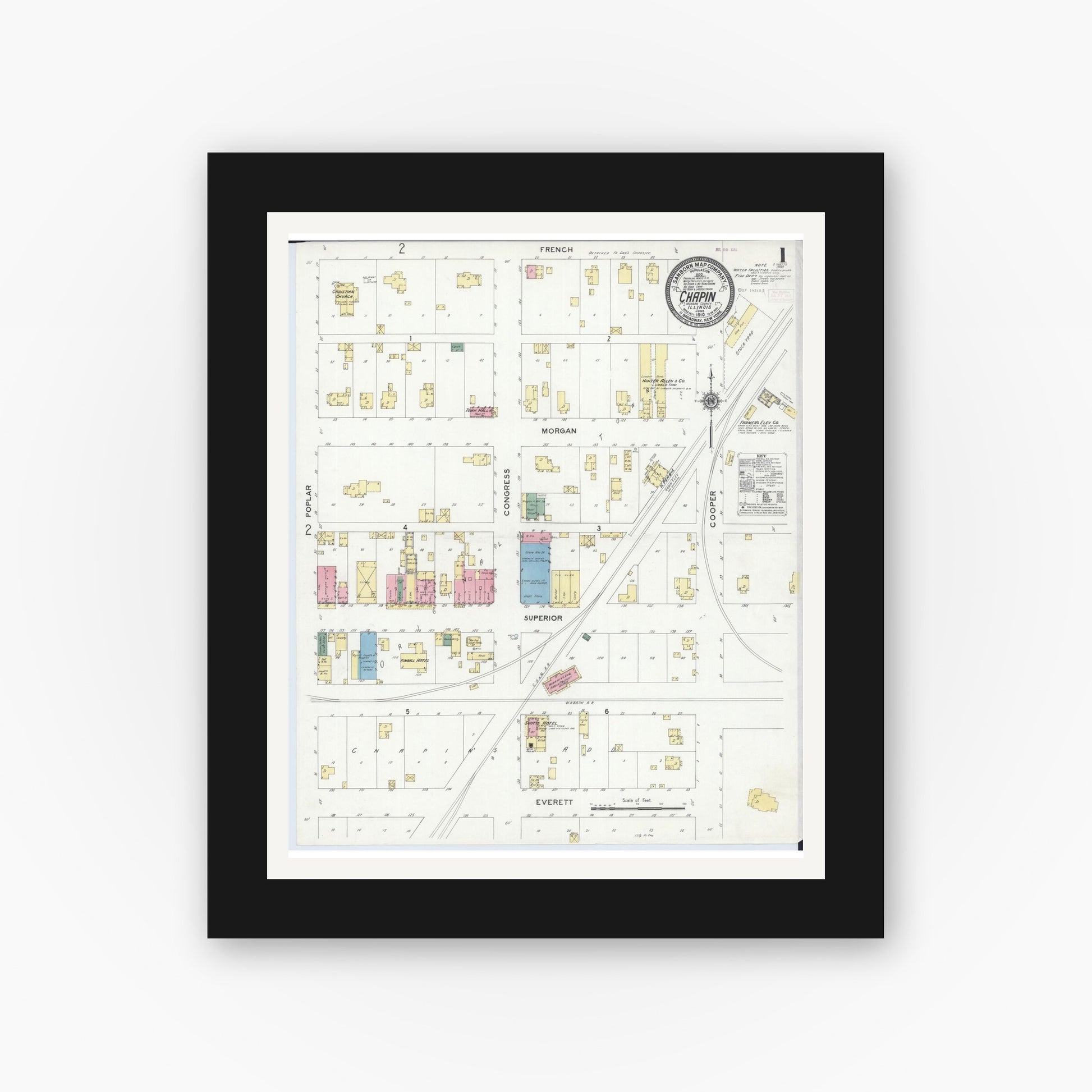 Old map wall art mockup — black gallery frame with white mat — Sanborn Fire Insurance Map from Chapin, Morgan County, Illinois (1910) - Complete Map Set