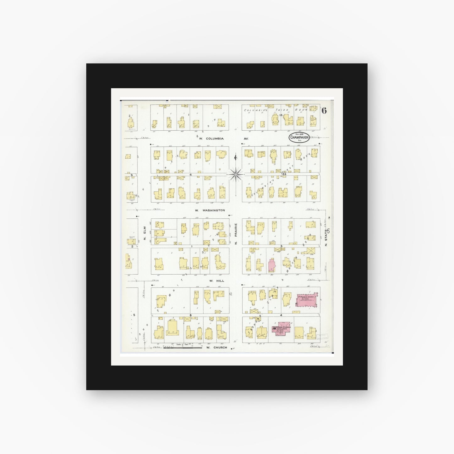 Old map wall art mockup — black gallery frame with white mat — Sanborn Fire Insurance Map from Champaign, Champaign County, Illinois (1909), Sheet #0006