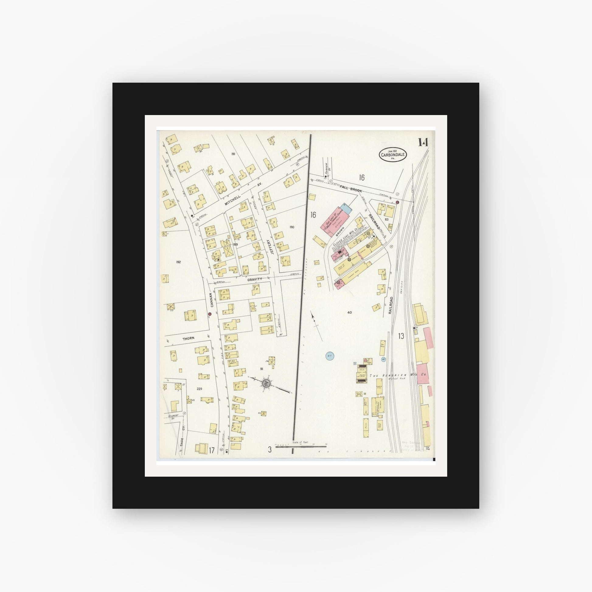 Old map wall art mockup — black gallery frame with white mat — Sanborn Fire Insurance Map from Carbondale, Lackawanna County, Pennsylvania (1912), Sheet #0014