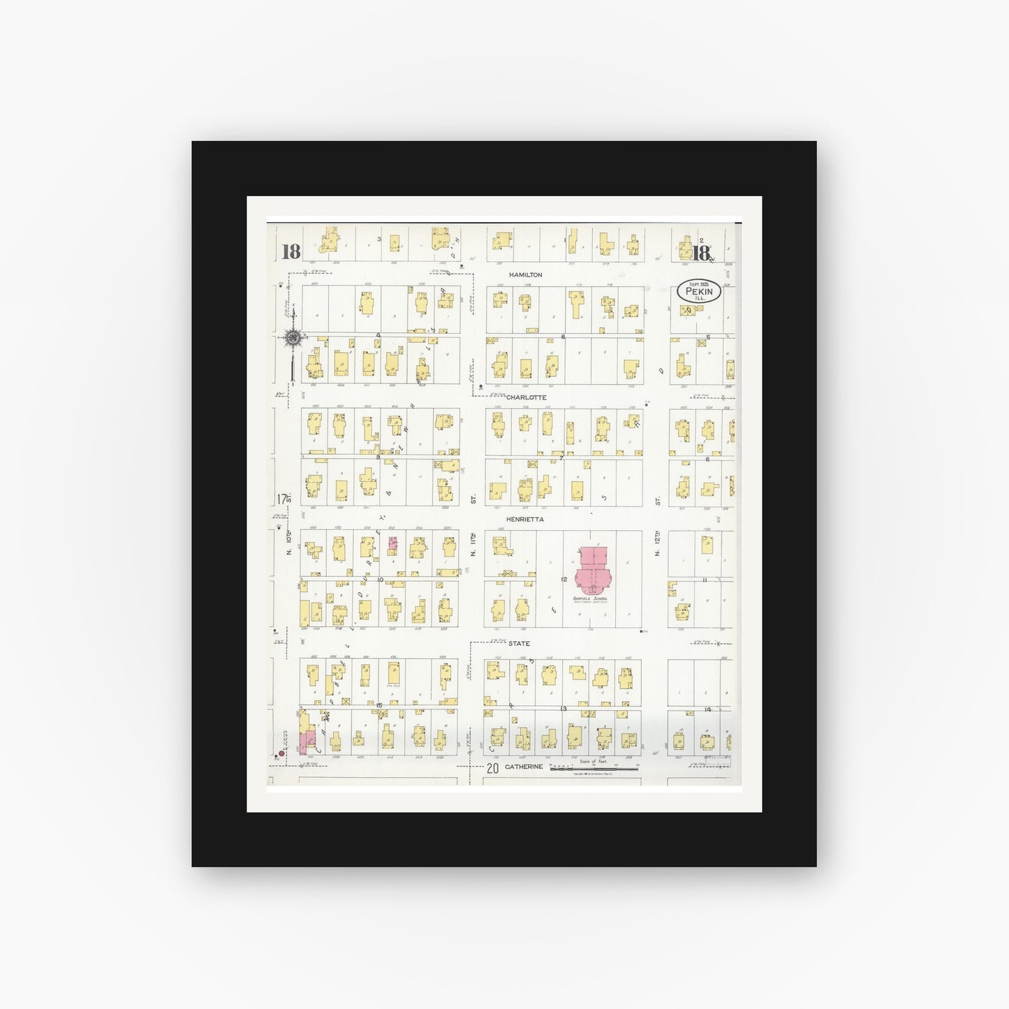 Old map wall art mockup — black gallery frame with white mat — Sanborn Fire Insurance Map from Pekin, Tazewell County, Illinois (1925), Sheet #0018