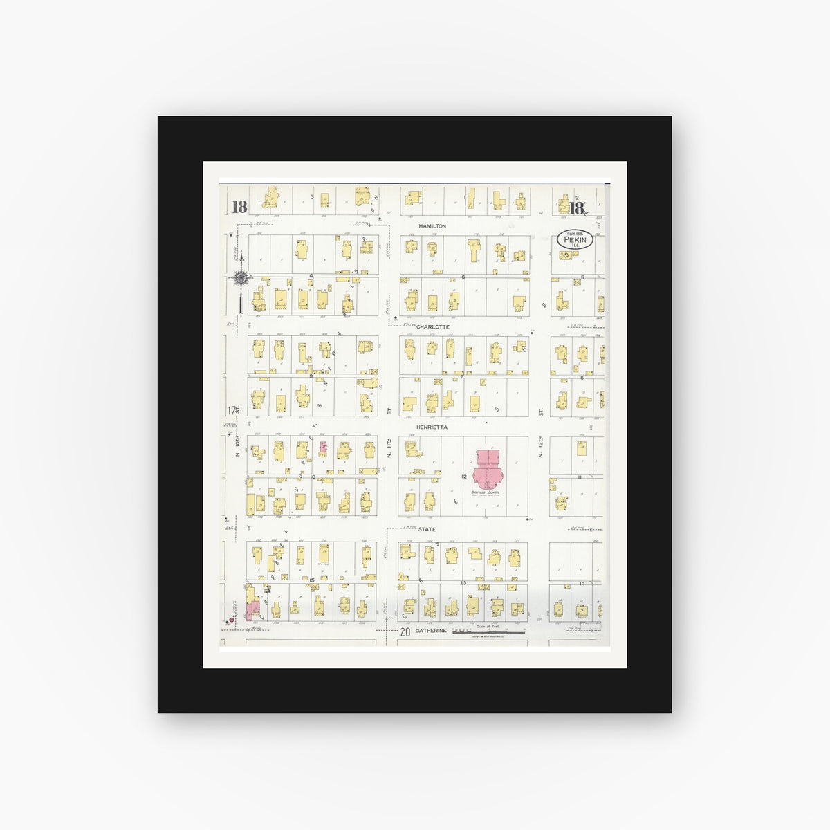 Old map wall art mockup — black gallery frame with white mat — Sanborn Fire Insurance Map from Pekin, Tazewell County, Illinois (1925), Sheet #0018