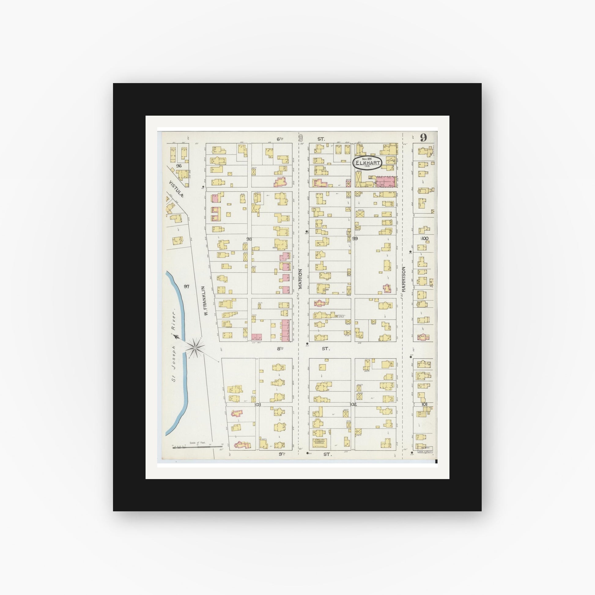 Old map wall art mockup — black gallery frame with white mat — Sanborn Fire Insurance Map from Elkhart, Elkhart County, Indiana (1892), Sheet #0009