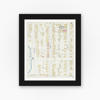 Old map wall art mockup — black gallery frame with white mat — Sanborn Fire Insurance Map from Elkhart, Elkhart County, Indiana (1892), Sheet #0009