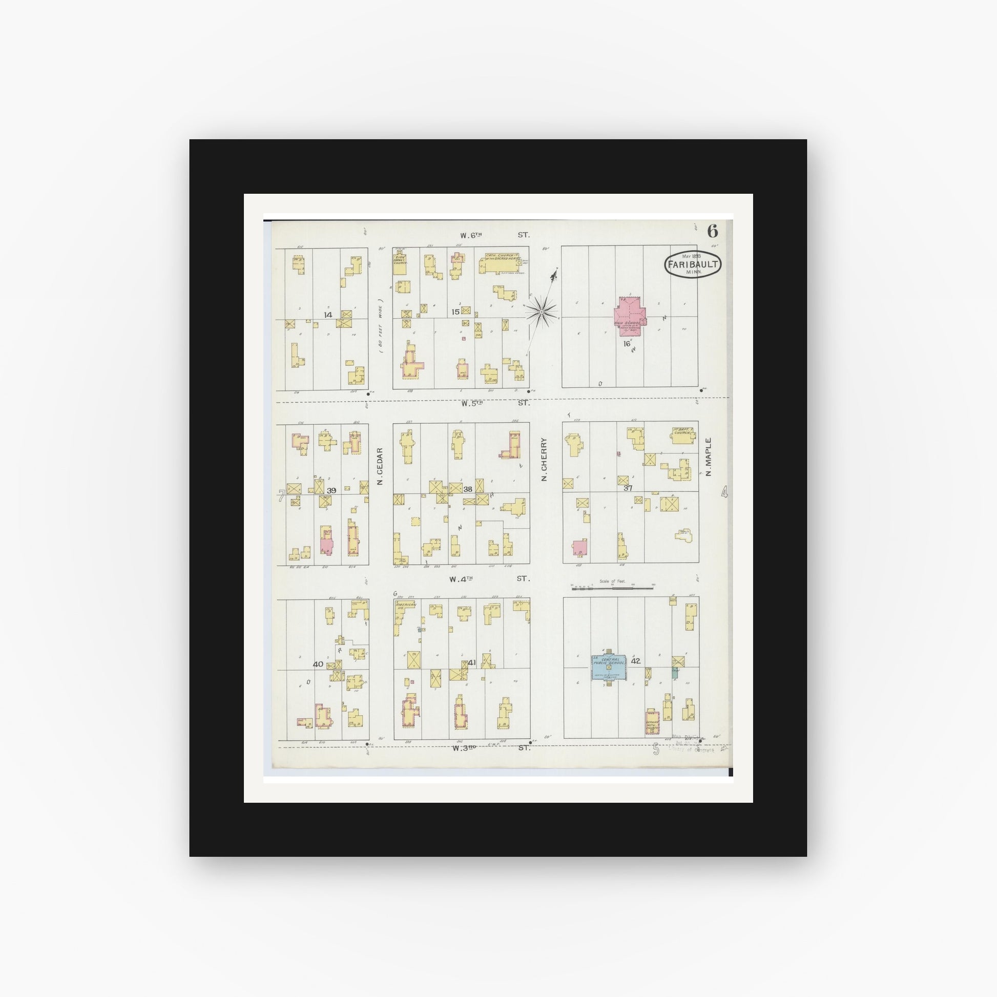 Old map wall art mockup — black gallery frame with white mat — Sanborn Fire Insurance Map from Faribault, Rice County, Minnesota (1893), Sheet #0006