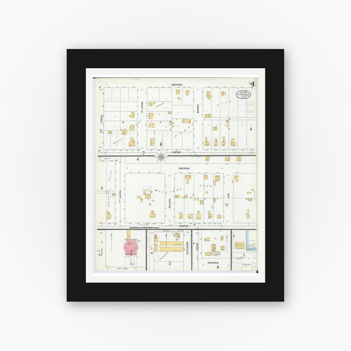 Old map wall art mockup — black gallery frame with white mat — Sanborn Fire Insurance Map from Ithaca, Gratiot County, Michigan (1900), Sheet #0004