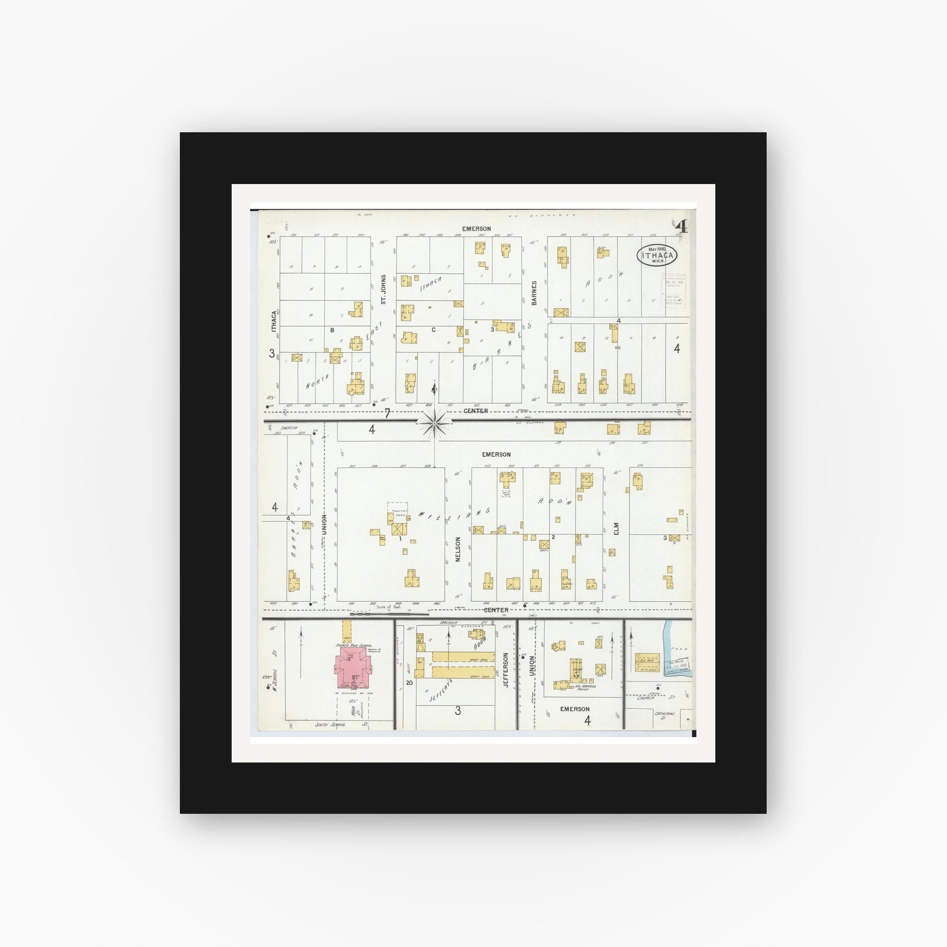 Old map wall art mockup — black gallery frame with white mat — Sanborn Fire Insurance Map from Ithaca, Gratiot County, Michigan (1900), Sheet #0004