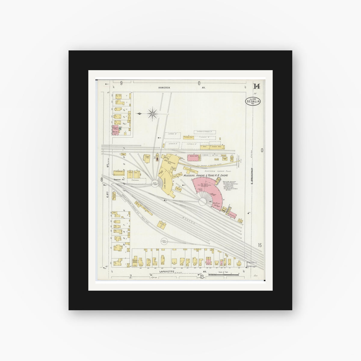 Old map wall art mockup — black gallery frame with white mat — Sanborn Fire Insurance Map from Sedalia, Pettis County, Missouri (1898), Sheet #0014