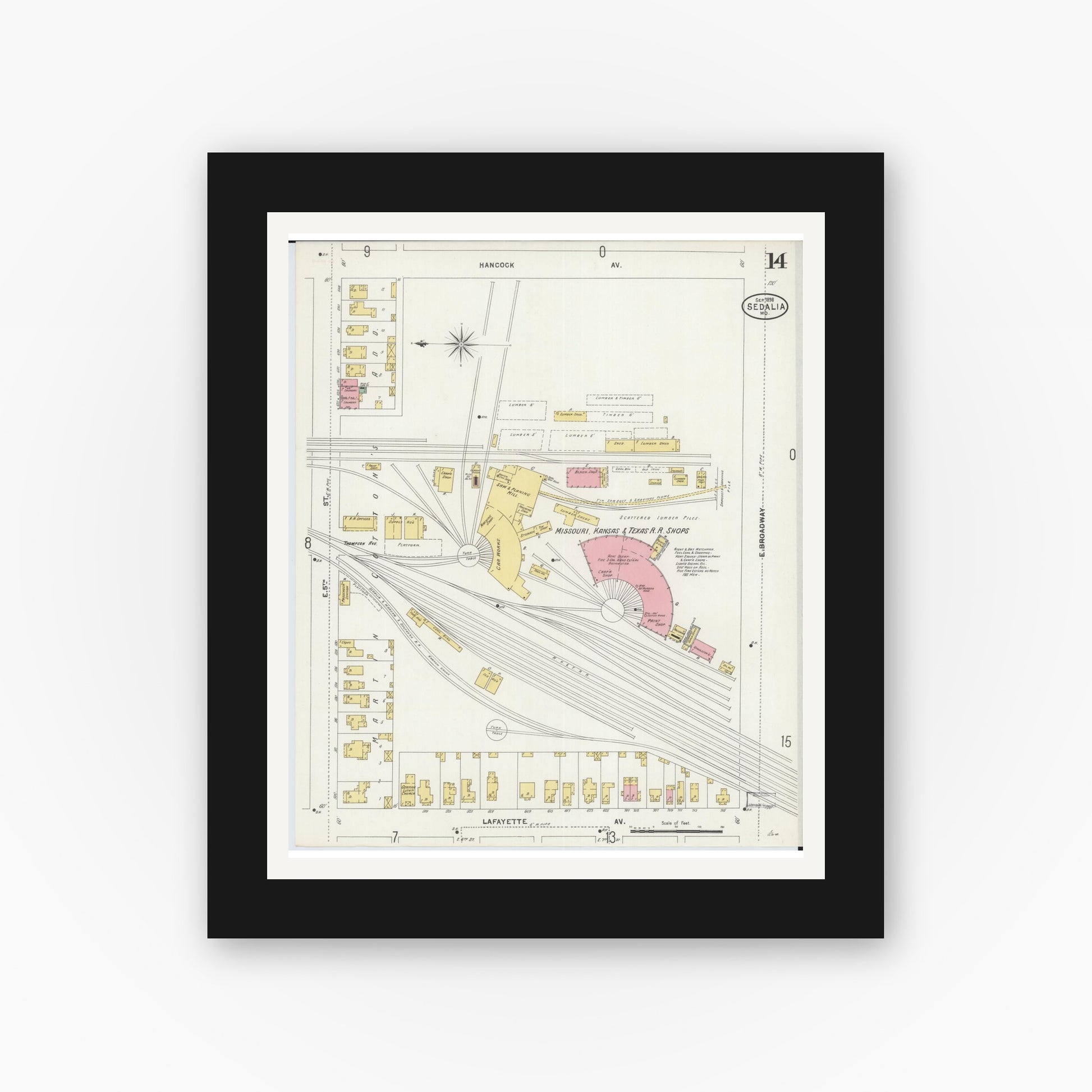 Old map wall art mockup — black gallery frame with white mat — Sanborn Fire Insurance Map from Sedalia, Pettis County, Missouri (1898), Sheet #0014