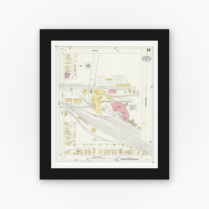 Old map wall art mockup — black gallery frame with white mat — Sanborn Fire Insurance Map from Sedalia, Pettis County, Missouri (1898), Sheet #0014