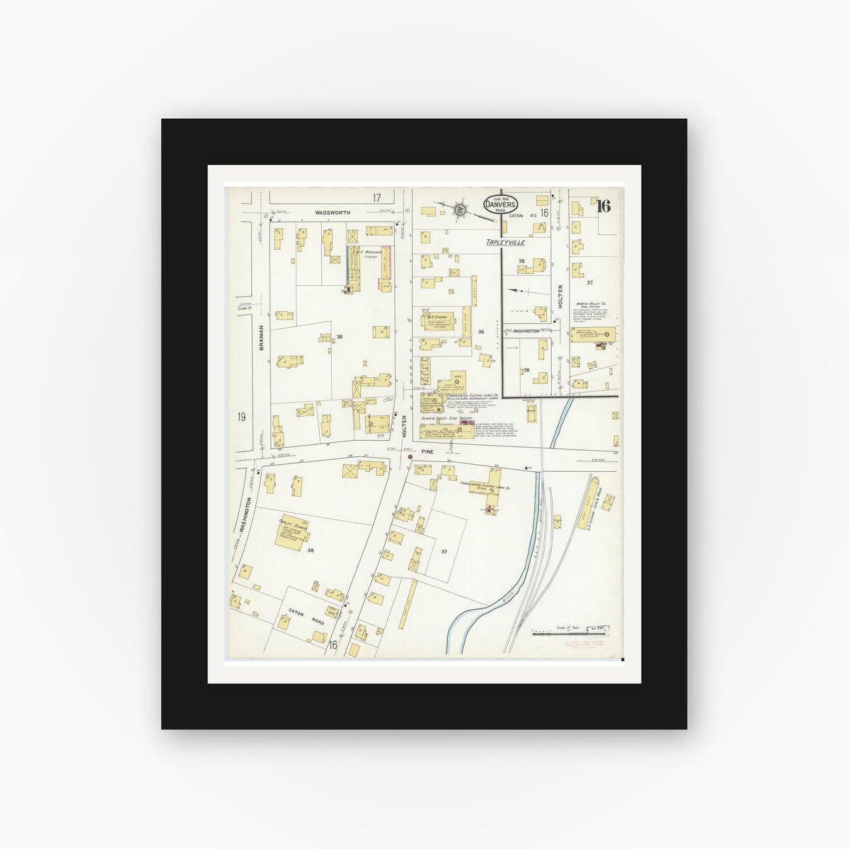 Old map wall art mockup — black gallery frame with white mat — Sanborn Fire Insurance Map from Danvers, Essex County, Massachusetts (1916), Sheet #0016