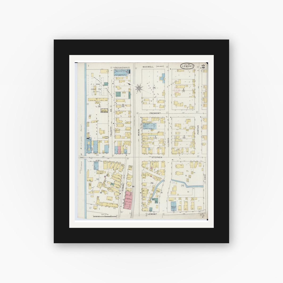 Old map wall art mockup — black gallery frame with white mat — Sanborn Fire Insurance Map from Lemont, Cook County, Illinois (1894), Sheet #0002