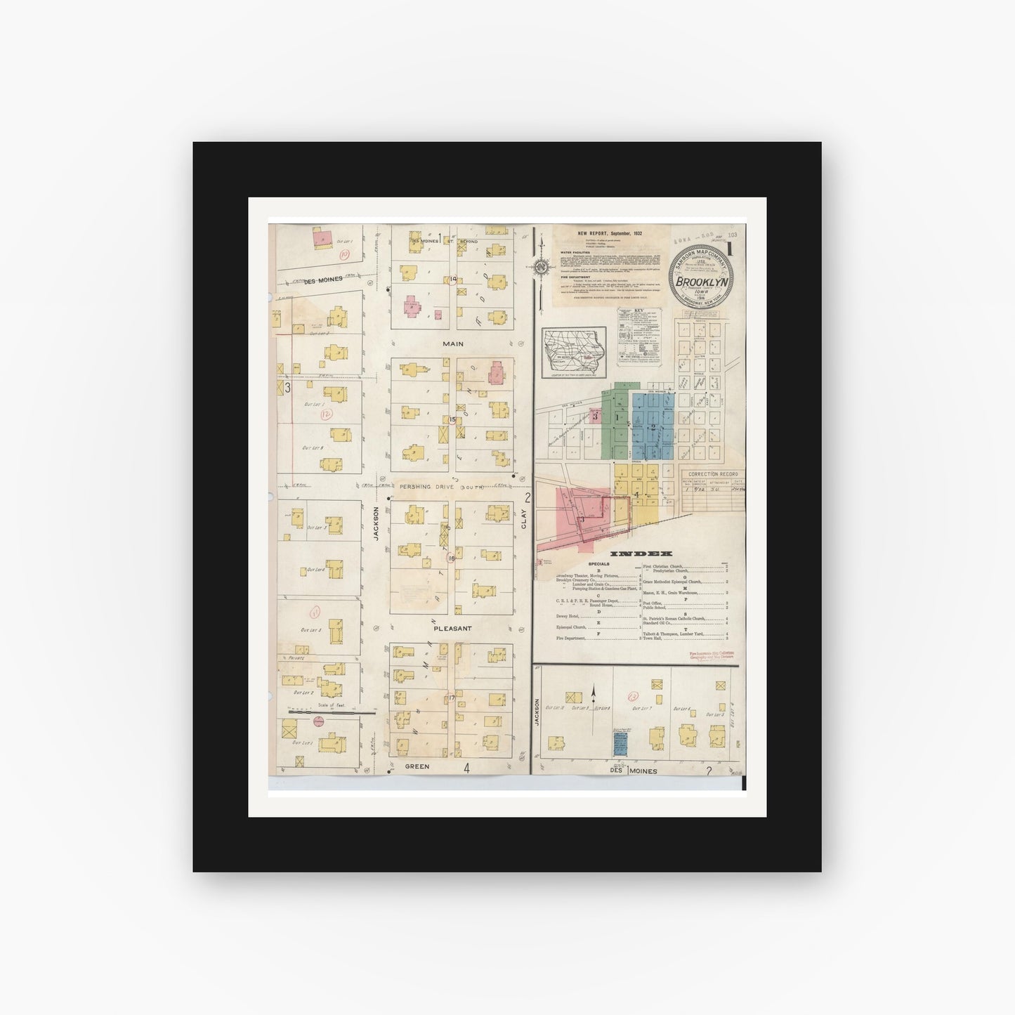 Old map wall art mockup — black gallery frame with white mat — Sanborn Fire Insurance Map from Brooklyn, Poweshiek County, Iowa (1932) â€” Complete Set
