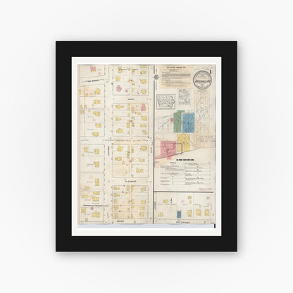 Old map wall art mockup — black gallery frame with white mat — Sanborn Fire Insurance Map from Brooklyn, Poweshiek County, Iowa (1932) â€” Complete Set