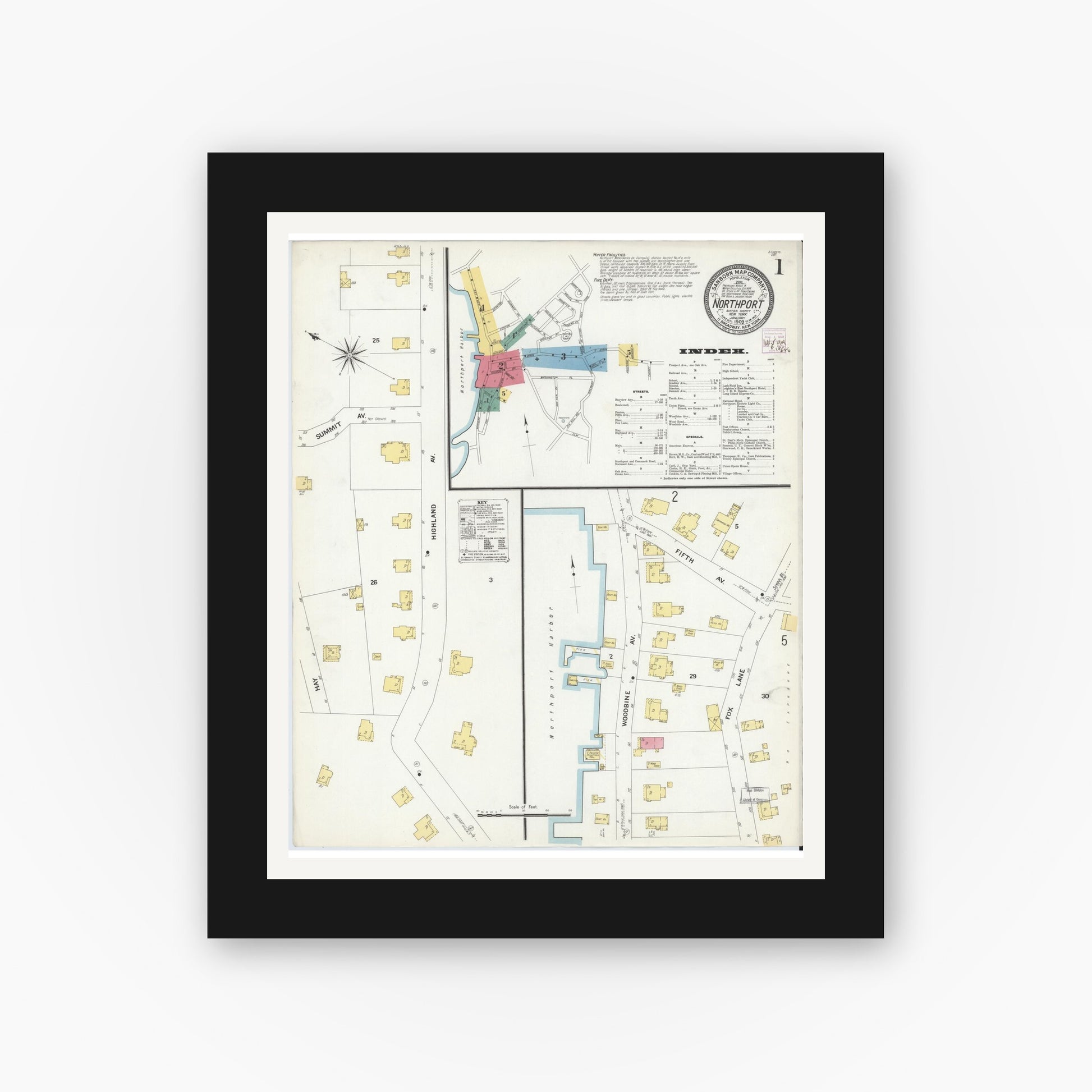 Old map wall art mockup — black gallery frame with white mat — Sanborn Fire Insurance Map from Northport, Suffolk County, New York (1909), Sheet #0001