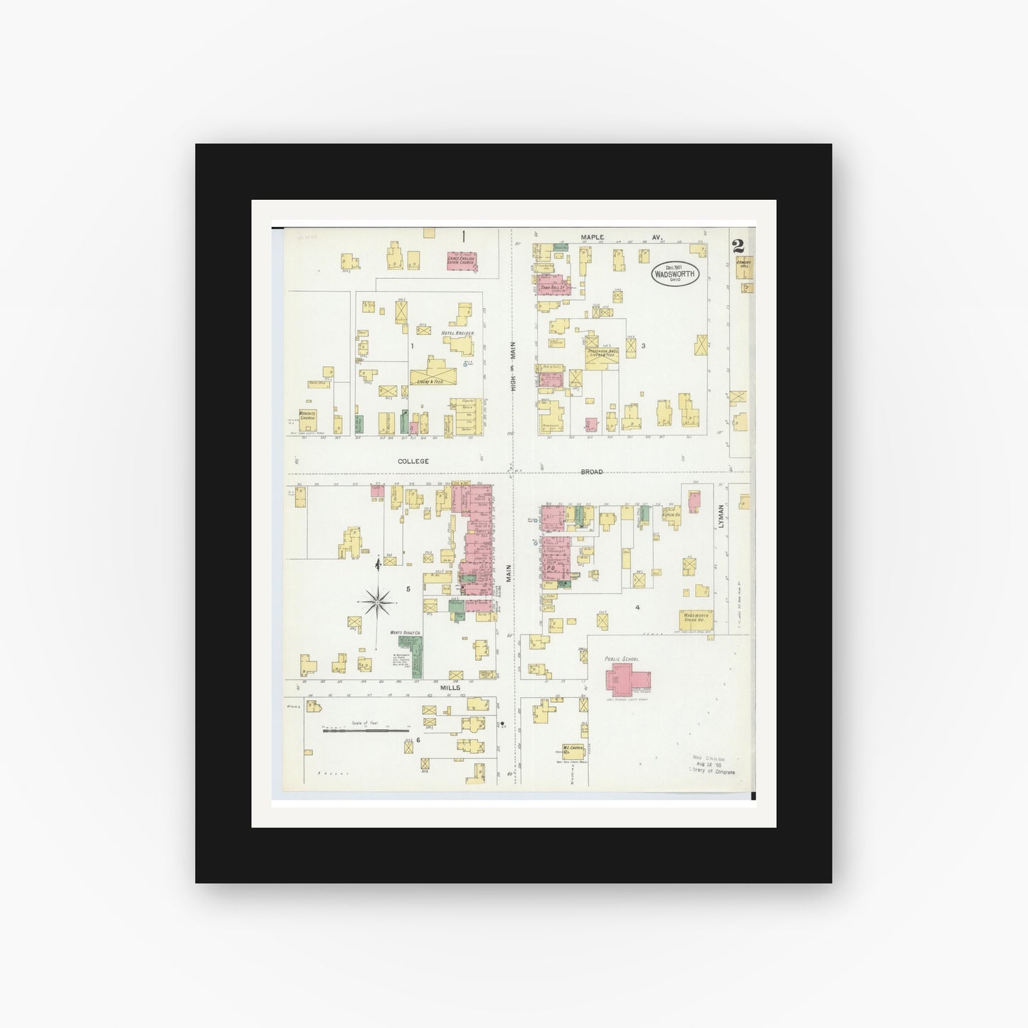 Old map wall art mockup — black gallery frame with white mat — Sanborn Fire Insurance Map from Wadsworth, Medina County, Ohio (1901), Sheet #0002