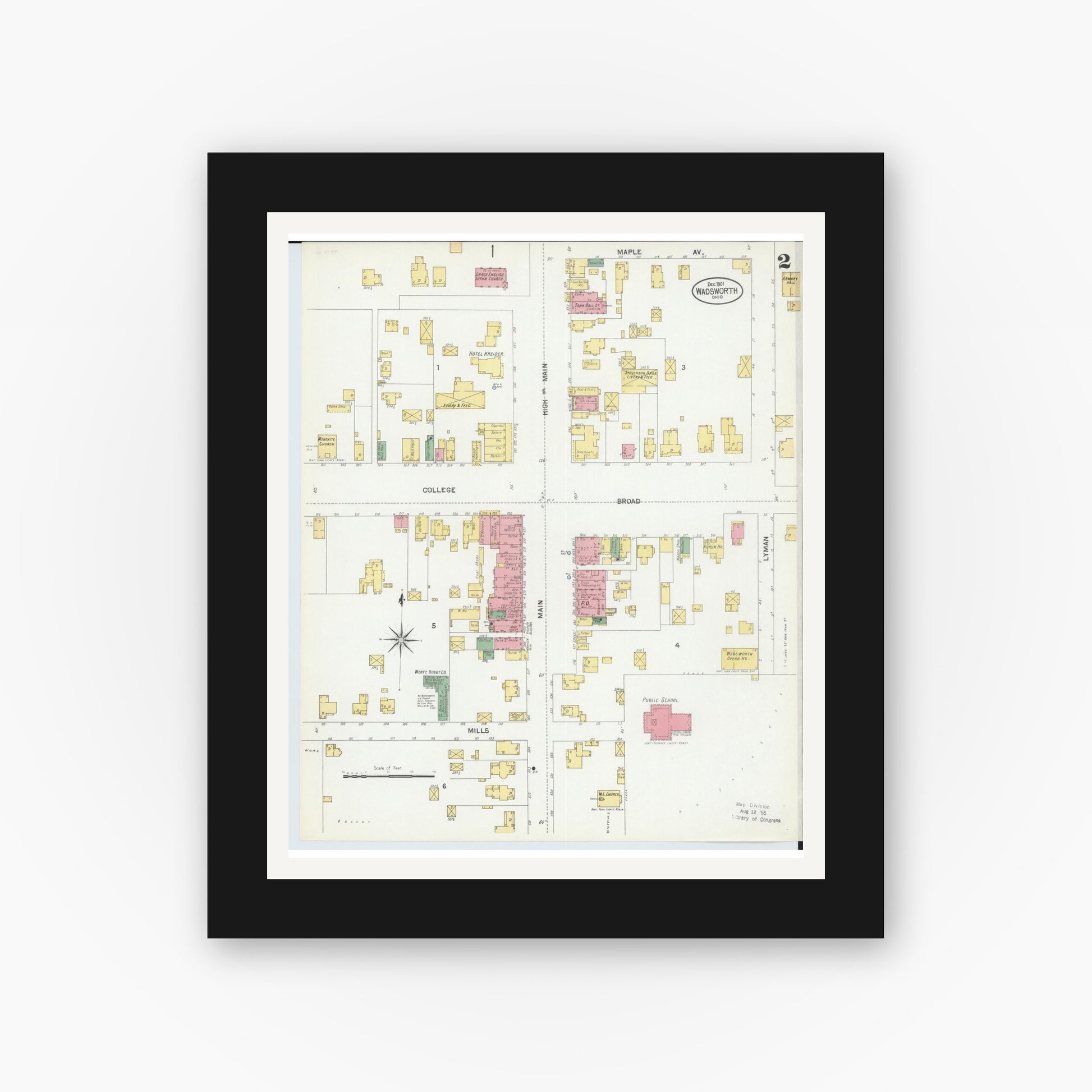 Old map wall art mockup — black gallery frame with white mat — Sanborn Fire Insurance Map from Wadsworth, Medina County, Ohio (1901), Sheet #0002