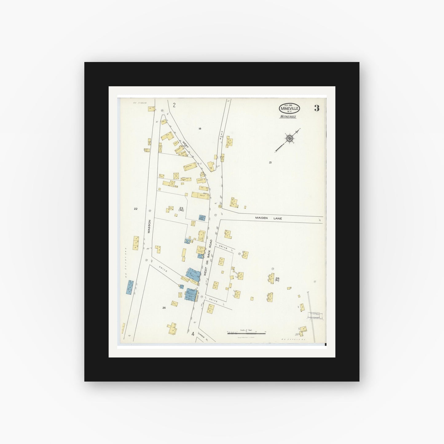 Old map wall art mockup — black gallery frame with white mat — Sanborn Fire Insurance Map from Mineville, Essex County, New York (1916), Sheet #0003