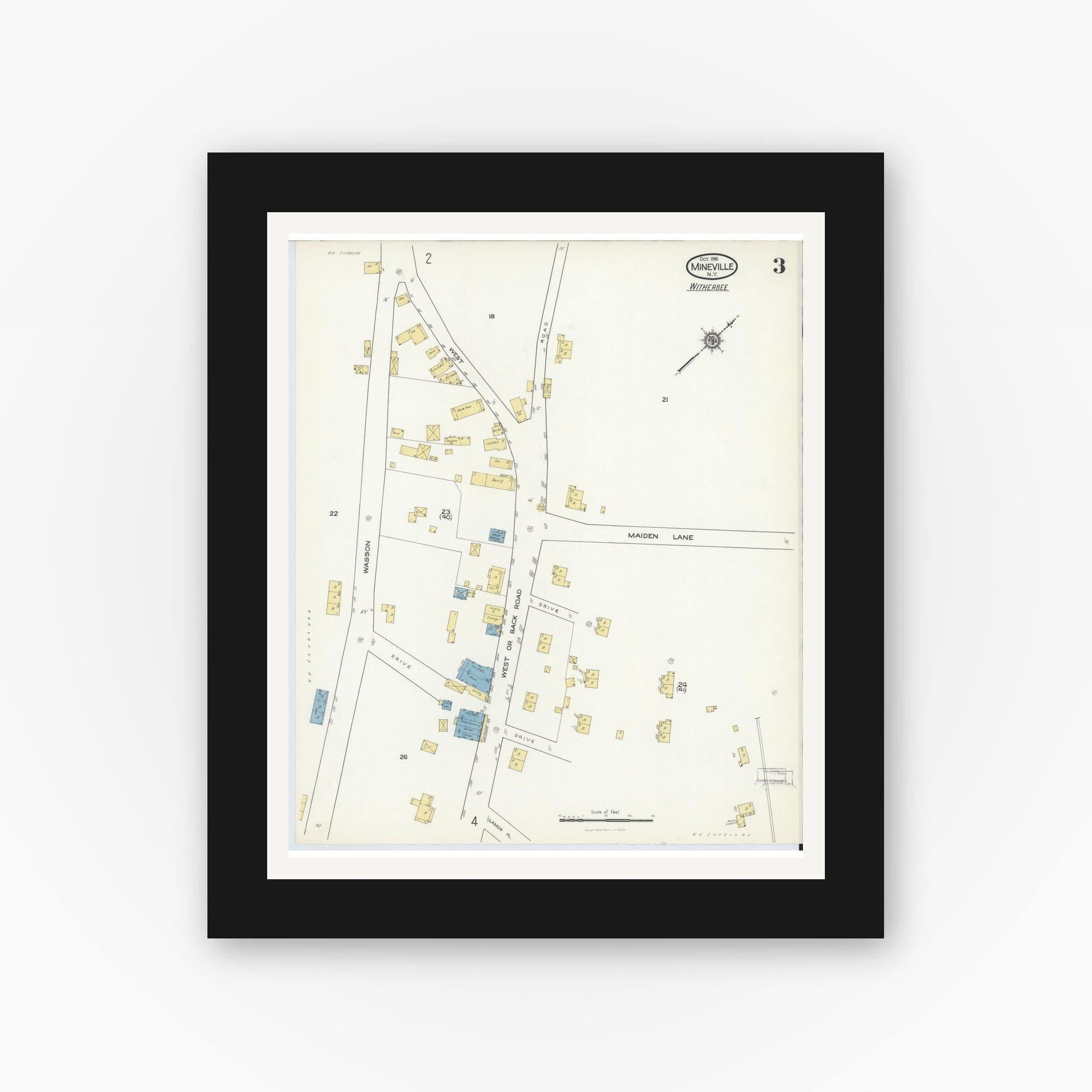 Old map wall art mockup — black gallery frame with white mat — Sanborn Fire Insurance Map from Mineville, Essex County, New York (1916), Sheet #0003