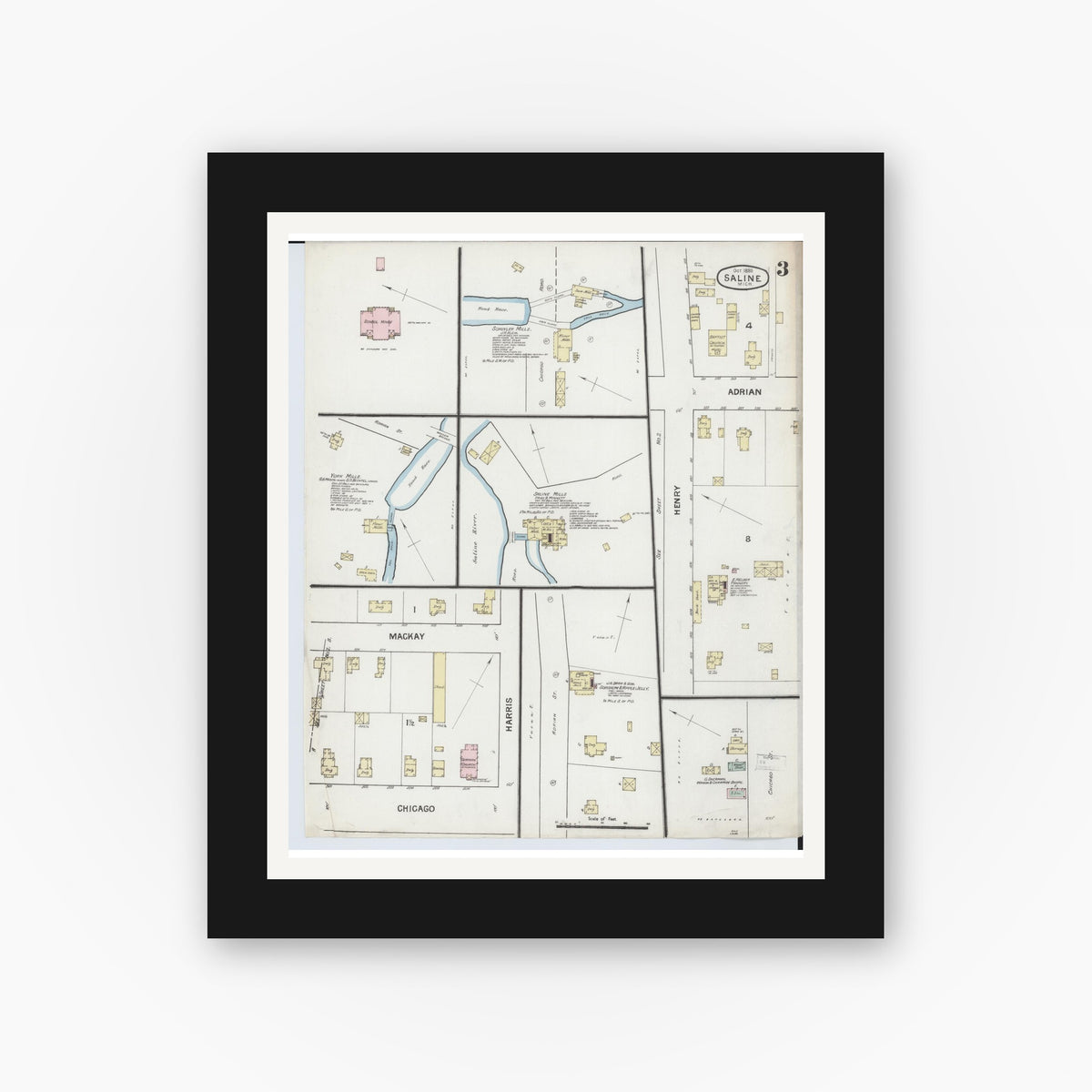 Old map wall art mockup — black gallery frame with white mat — Sanborn Fire Insurance Map from Saline, Washtenaw County, Michigan (1888), Sheet #0003