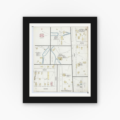 Old map wall art mockup — black gallery frame with white mat — Sanborn Fire Insurance Map from Saline, Washtenaw County, Michigan (1888), Sheet #0003