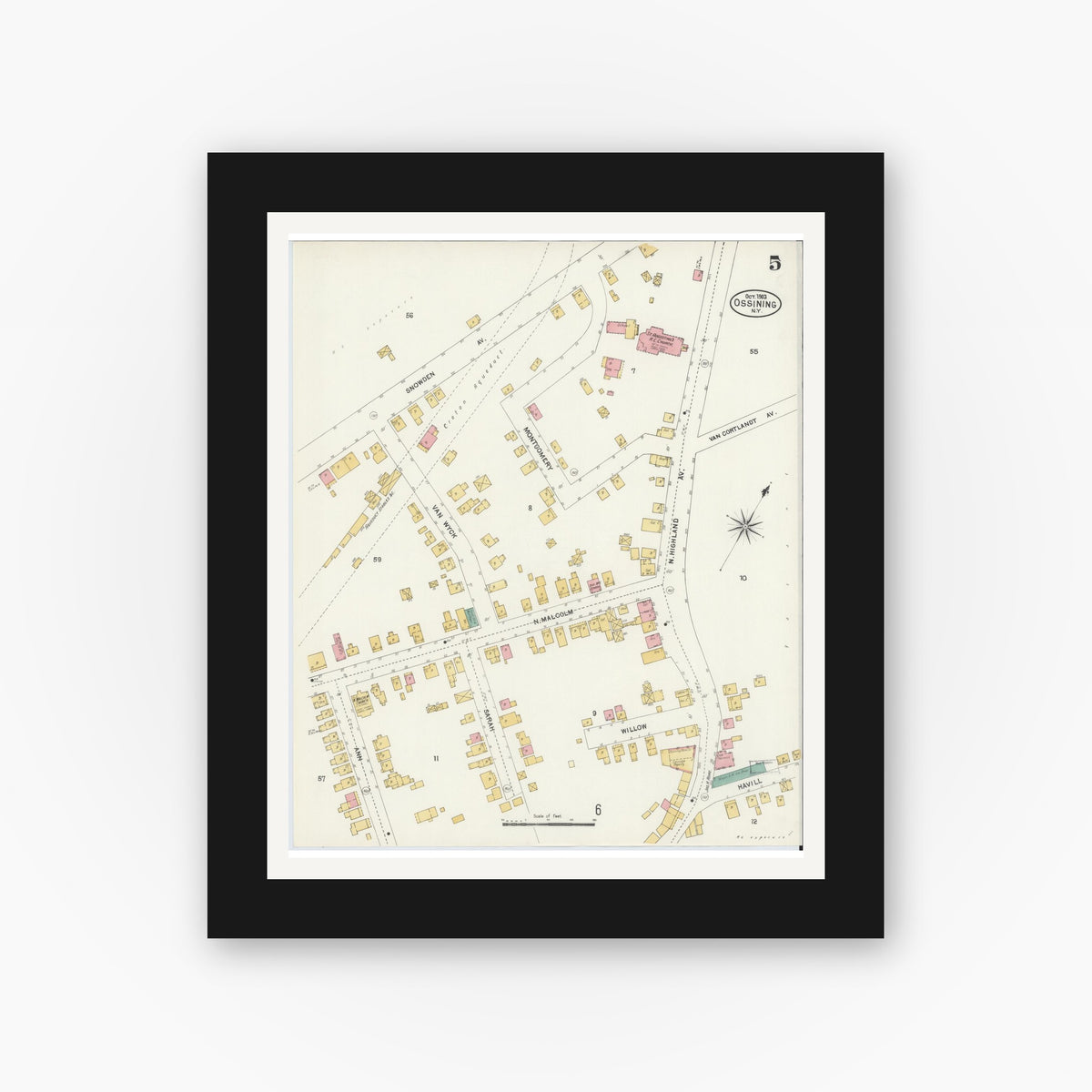 Old map wall art mockup — black gallery frame with white mat — Sanborn Fire Insurance Map from Ossining, Westchester County, New York (1903), Sheet #0005