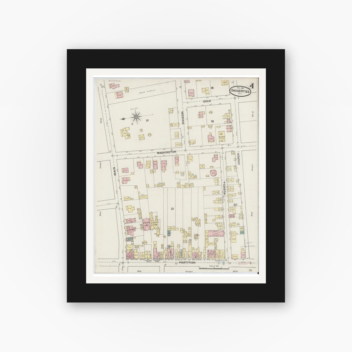 Old map wall art mockup — black gallery frame with white mat — Sanborn Fire Insurance Map from Saugerties, Ulster County, New York (1887), Sheet #0004