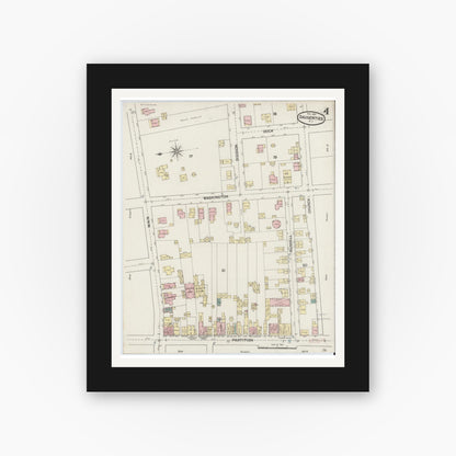 Old map wall art mockup — black gallery frame with white mat — Sanborn Fire Insurance Map from Saugerties, Ulster County, New York (1887), Sheet #0004