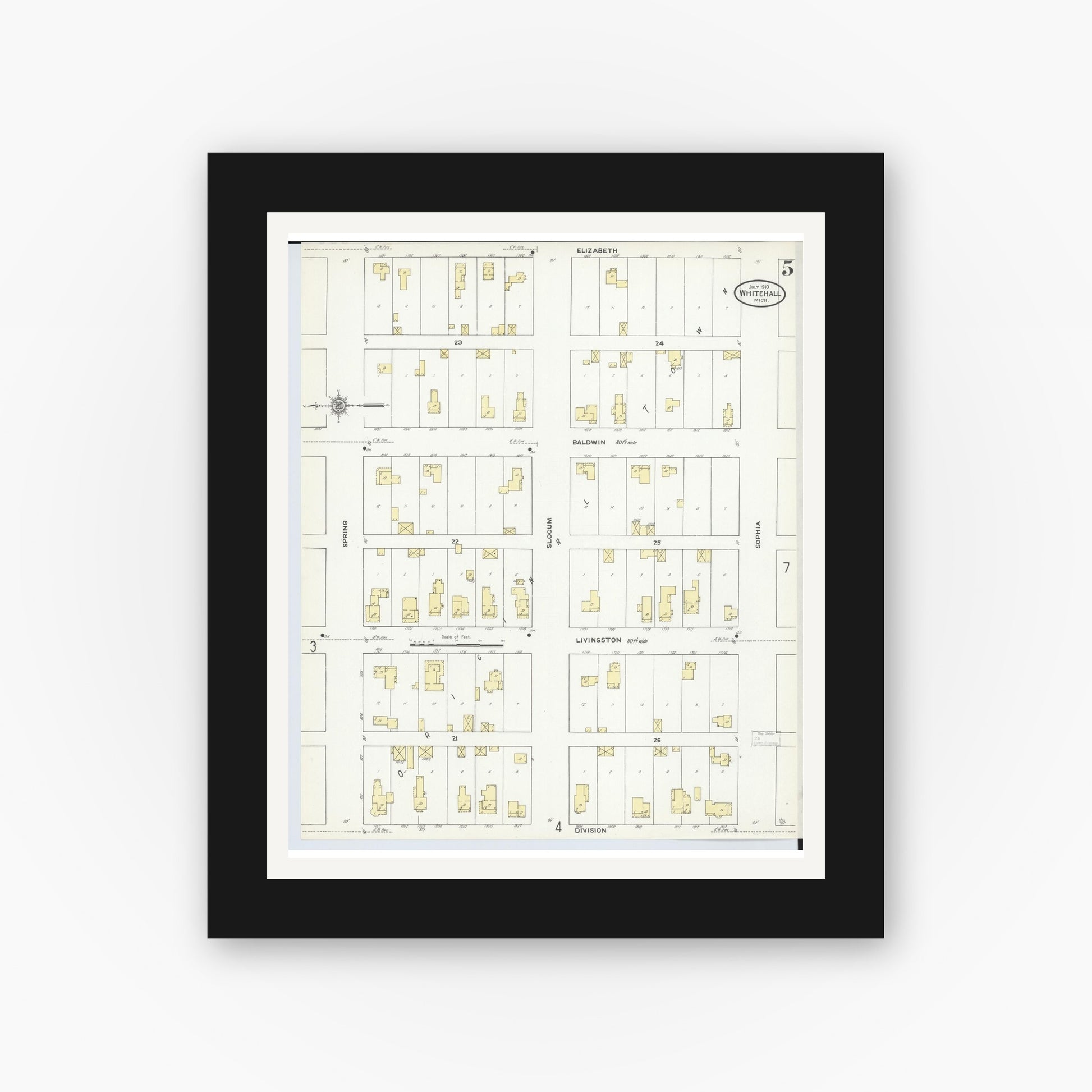 Old map wall art mockup — black gallery frame with white mat — Sanborn Fire Insurance Map from Whitehall, Muskegon County, Michigan (1910), Sheet #0005