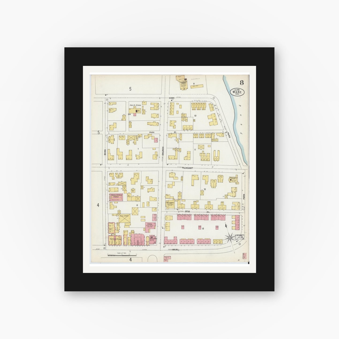 Old map wall art mockup — black gallery frame with white mat — Sanborn Fire Insurance Map from Ware, Hampshire County, Massachusetts (1902), Sheet #0008