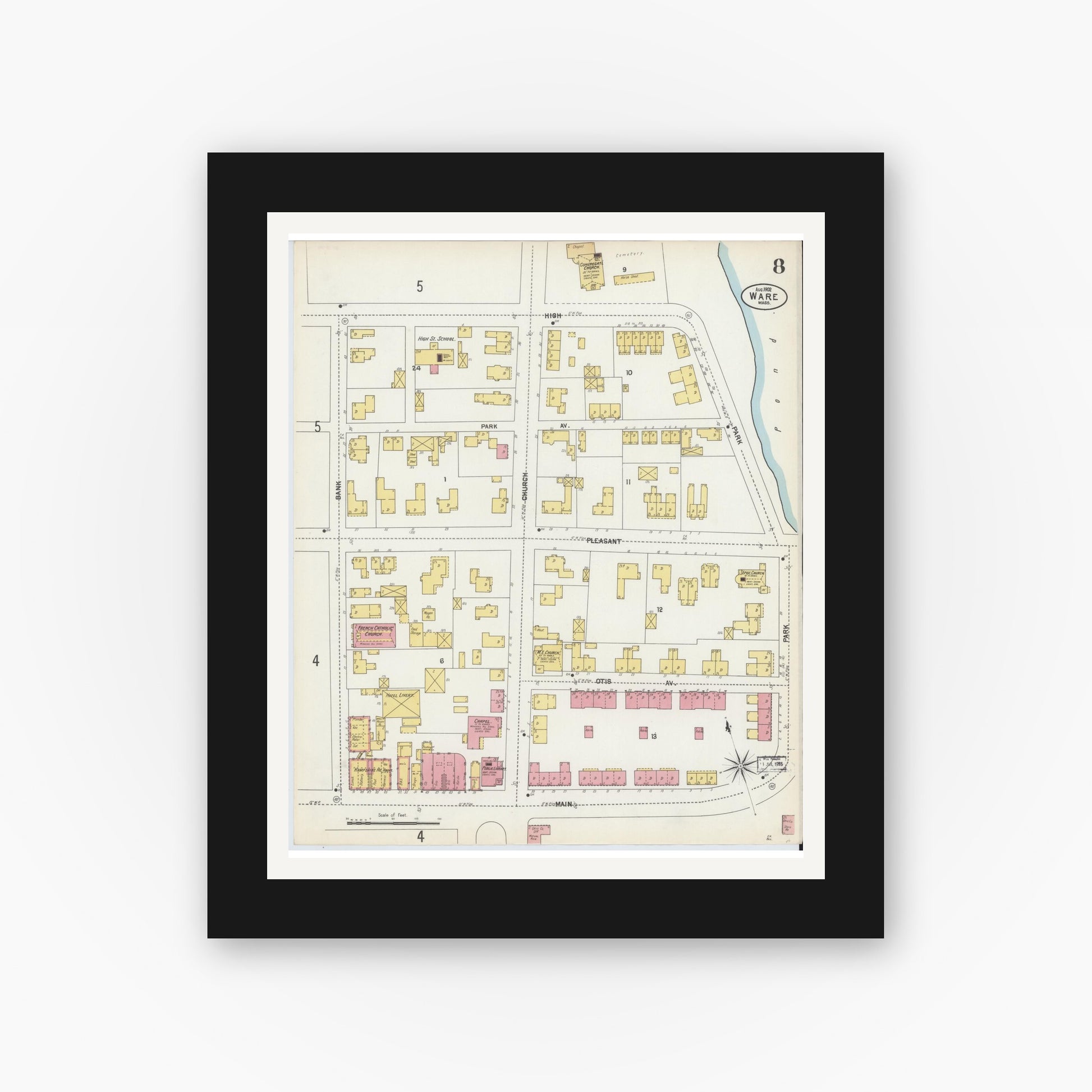 Old map wall art mockup — black gallery frame with white mat — Sanborn Fire Insurance Map from Ware, Hampshire County, Massachusetts (1902), Sheet #0008
