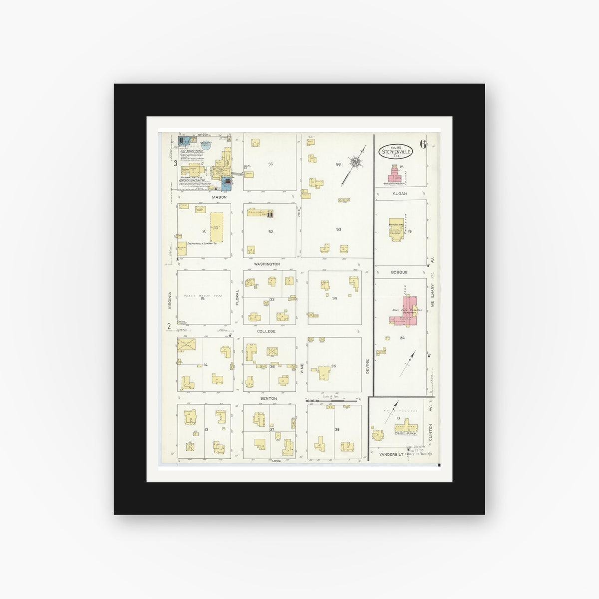 Old map wall art mockup — black gallery frame with white mat — Sanborn Fire Insurance Map from Stephenville, Erath County, Texas (1912), Sheet #0006